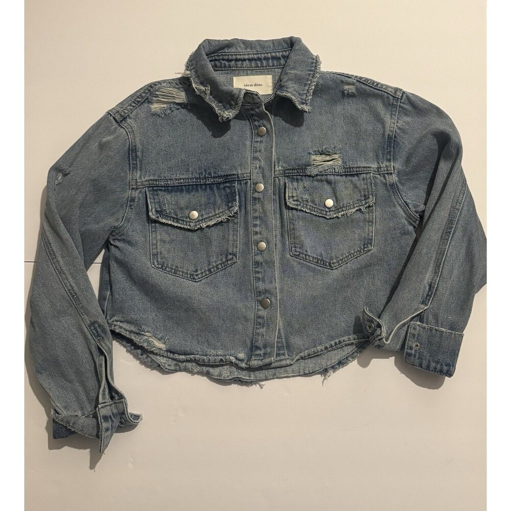 idem ditto Distressed Denim Jacket Blue Frayed Hem Women's S Button Pockets